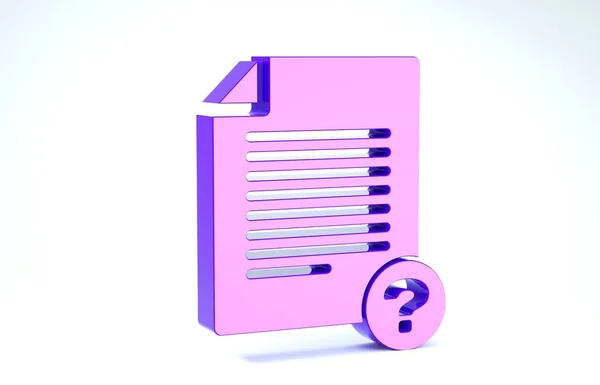 Icône de document violet inconnu isolée sur fond blanc. Dossier avec point d'interrogation. Retenir le rapport, le service et le panneau de recherche mondial. Illustration 3D rendu 3D — Photo