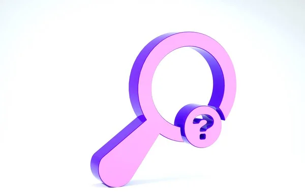 Purple Unknown search icon isolated on white background. Magnifying glass and question mark. 3d illustration 3D render — 스톡 사진