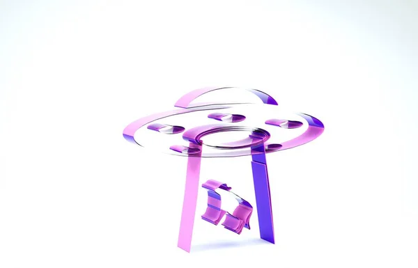 Фиолетовый НЛО похищает иконку коровы на белом фоне. Летающая тарелка. Космический корабль пришельцев. Футуристический неизвестный летающий объект. 3D-рендеринг — стоковое фото