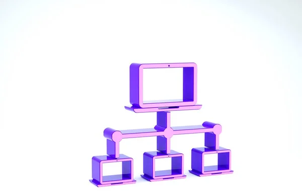 Ікона фіолетової комп'ютерної мережі ізольована на білому тлі. Мережа ноутбуків. Інтернет-зв'язок. 3d Illustrated 3d render — стокове фото