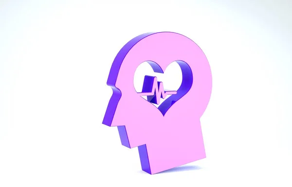 Lila manliga huvud med en hjärtslag ikon isolerad på vit bakgrund. Huvud med mental hälsa, sjukvård och medicinska tecken. 3D-illustration 3D-återgivning — Stockfoto