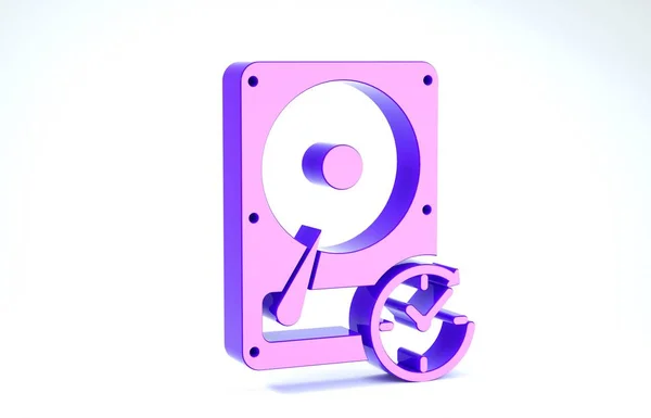 Фиолетовый жесткий диск с табличкой по часовой стрелке, значок восстановления данных изолирован на белом фоне. 3D-рендеринг — стоковое фото