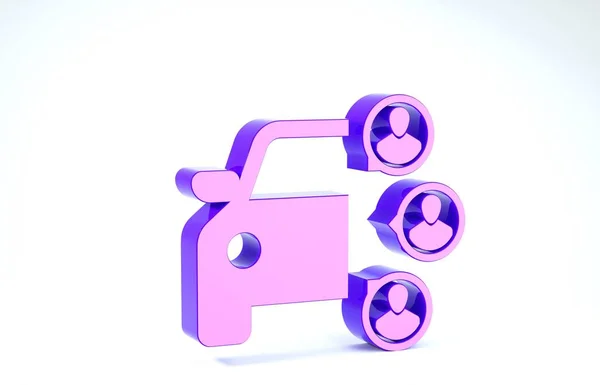 Purple Car κοινή χρήση με την ομάδα των ανθρώπων εικονίδιο απομονώνονται σε λευκό φόντο. Πινακίδα μοιράσματος. Έννοια υπηρεσίας ενοικίασης μεταφορών. 3D απεικόνιση 3d καθιστούν — Φωτογραφία Αρχείου
