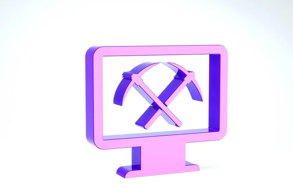 Fioletowa koncepcja górnictwa z laptopem i ikoną kilofa na białym tle. Technologia blockchain, kryptowaluta, rynek cyfrowy. Ilustracja 3d — Zdjęcie stockowe