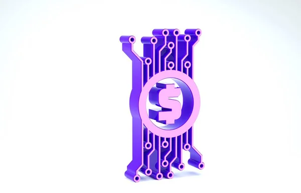 Purple Cryptocurrency Bitcoin in cirkel met microchip circuit pictogram geïsoleerd op witte achtergrond. Blockchain technologie, digitale geldmarkt. 3d illustratie 3d renderen — Stockfoto