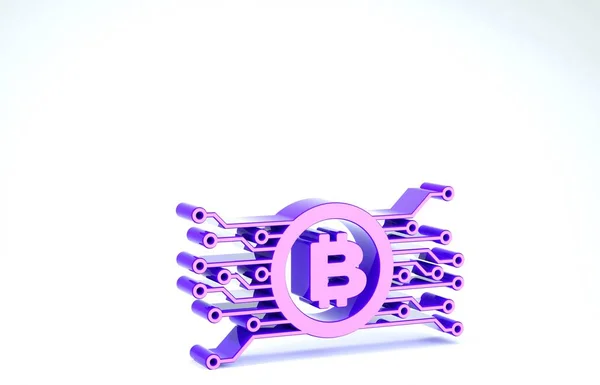 Fioletowy kryptowaluta bitcoin w okręgu z ikoną obwodu mikrochipowego izolowane na białym tle. Technologia blockchain, rynek cyfrowy. Ilustracja 3d — Zdjęcie stockowe