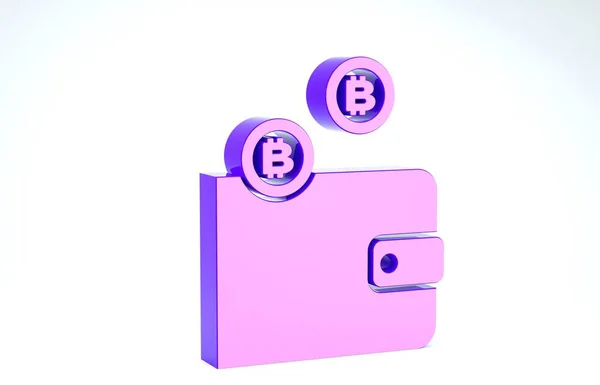 Фиолетовый криптовалютный бумажник значок изолирован на белом фоне. Бумажник и знак биткойна. Горнодобывающая концепция. Деньги, оплата, наличные, иконка оплаты. 3D-рендеринг — стоковое фото