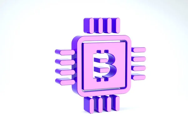 Purple CPU mining icon isolated on white background. Знак биткойна внутри микрочипа. Сообщество добычи криптовалют. Цифровые. 3D-рендеринг — стоковое фото