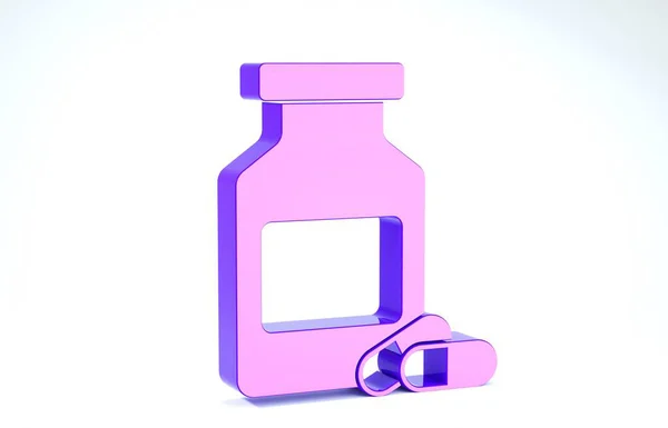 Flacon de médecine pourpre et icône de pilules isolé sur fond blanc. Signe de pilule. Conception de pharmacie. Illustration 3D rendu 3D — Photo