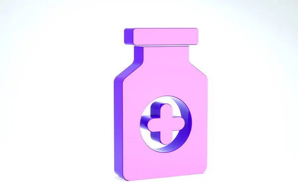 Ícone de garrafa de medicina roxa isolado no fundo branco. Sinal de pílula de garrafa. Design de farmácia. 3D ilustração 3D render — Fotografia de Stock