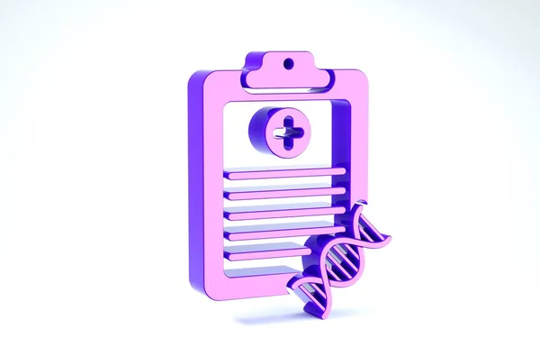 Clipboard roxo com ícone de análise de DNA isolado no fundo branco. Engenharia genética, testes genéticos, clonagem, testes de paternidade. 3D ilustração 3D render — Fotografia de Stock