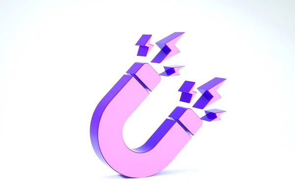 Paarse magneet met bliksem pictogram geïsoleerd op witte achtergrond. Hoefijzermagneet, magnetisme, magnetiseren, aantrekkingskracht. 3d illustratie 3d renderen — Stockfoto