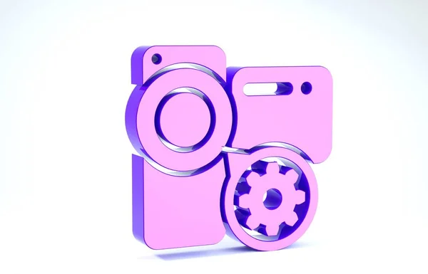 Purple Video camera and gear icon isolated on white background. Adjusting app, service concept, setting options, maintenance, repair, fixing. 3d illustration 3D render