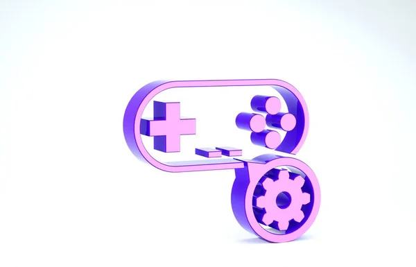 Gamepad violet et icône d'engrenage isolé sur fond blanc. Réglage app, concept de service, options de réglage, entretien, réparation, réparation. Illustration 3D rendu 3D — Photo