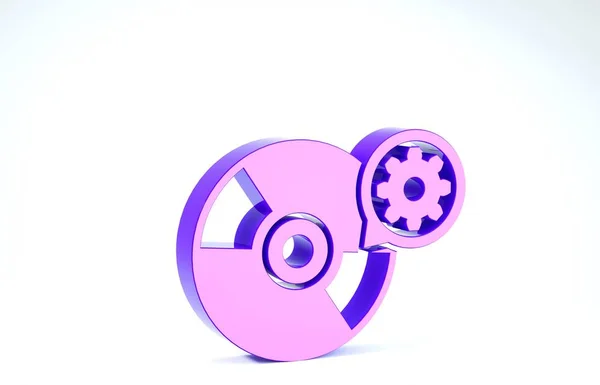 CD o DVD púrpura e icono de engranaje aislado sobre fondo blanco. Ajustar la aplicación, concepto de servicio, opciones de configuración, mantenimiento, reparación, fijación. 3D ilustración 3D render — Foto de Stock