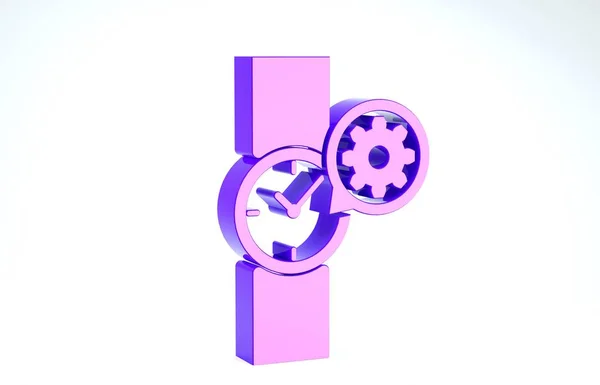 Reloj de pulsera púrpura e icono de engranaje aislado sobre fondo blanco. Ajustar la aplicación, concepto de servicio, opciones de configuración, mantenimiento, reparación, fijación. 3D ilustración 3D render — Foto de Stock