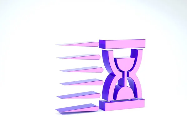 Purpurowa Stara klepsydra z płynącą ikoną piasku na białym tle. Piaskowy znak zegara. Koncepcja zarządzania czasem i biznesem. Ilustracja 3d — Zdjęcie stockowe