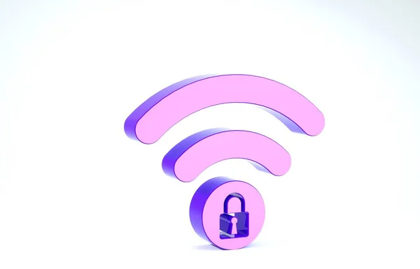 Purple Wifi locked sign icon isolated on white background. Password Wi-fi symbol. Wireless Network icon. Wifi zone. 3d illustration 3D render — ストック写真