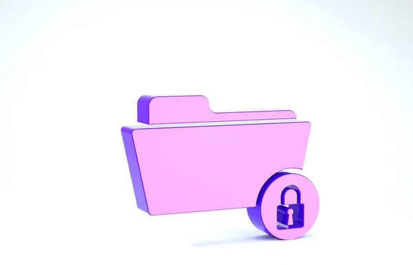 紫色文件夹和锁定图标隔离在白色背景. 关闭文件夹和挂锁。 安保、安全、保护概念。 3d说明3d — 图库照片