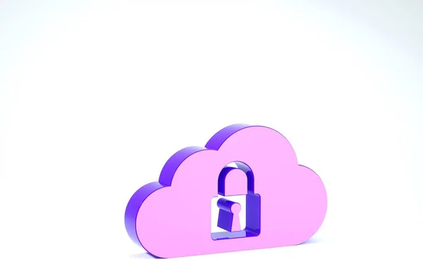 Lila felhő számítástechnikai zár ikon elszigetelt fehér háttér. Biztonság, biztonság, védelem. 3d illusztráció 3d render — Stock Fotó
