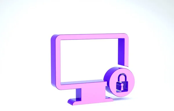 Bilgisayar ekranındaki Mor Kilit simgesi beyaz arkaplanda izole edildi. Monitör ve asma kilit. Güvenlik, güvenlik, koruma kavramı. Güvenli bir ağ. 3d illüstrasyon 3d canlandırma — Stok fotoğraf