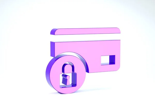 Purple Credit card with lock icon isolated on white background. Locked bank card. Security, safety, protection concept. Concept of a safe payment. 3d illustration 3D render — ストック写真