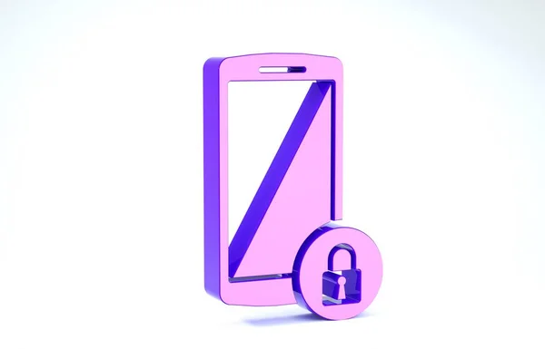 紫色智能手机与关闭挂锁图标隔离在白色背景。 有锁的电话 流动安保、安全、保护概念。 3d说明3d — 图库照片