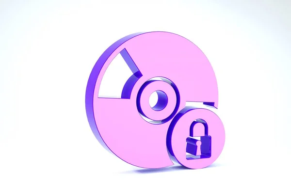紫色Cd或Dvd盘，闭锁图标，白色背景隔离。 光盘标志。 安保、安全、保护概念。 3d说明3d — 图库照片