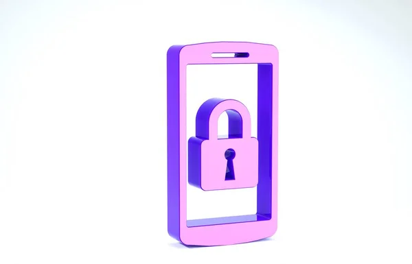 Lila Smartphone mit geschlossenem Vorhängeschloss-Symbol isoliert auf weißem Hintergrund. Telefon mit Schloss. mobile Sicherheit, Sicherheit, Schutzkonzept. 3D Illustration 3D Renderer — Stockfoto