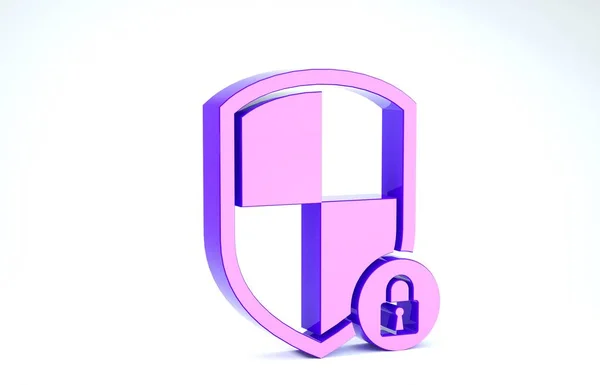 Purple Shield beveiliging met slot pictogram geïsoleerd op witte achtergrond. Beveiliging, veiligheid, wachtwoord beveiliging. Firewall toegang tot privacy bord. 3d illustratie 3d renderen — Stockfoto