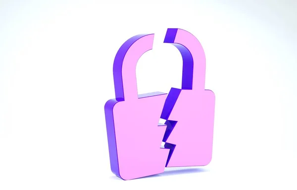 Purple Icono de bloqueo roto o agrietado aislado sobre fondo blanco. Desbloquear signo. 3D ilustración 3D render — Foto de Stock