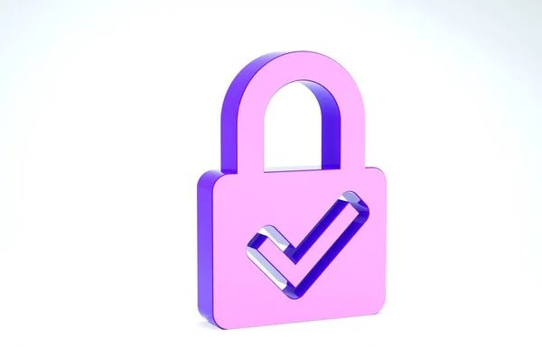 Purple Abre el candado y marca de verificación icono aislado sobre fondo blanco. Concepto de seguridad cibernética. Protección de datos digital. Seguridad. 3D ilustración 3D render —  Fotos de Stock