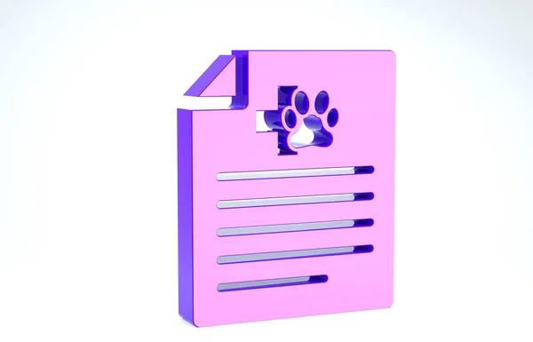 Purple Ιατρικό πιστοποιητικό για ταξίδια με σκύλο ή γάτα εικονίδιο απομονώνονται σε λευκό φόντο. Έγγραφο για κατοικίδιο. Αποτυπώματα σκύλου ή γάτας. 3D απεικόνιση 3d καθιστούν — Φωτογραφία Αρχείου