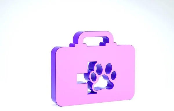 Icono del kit de primeros auxilios para mascotas púrpura aislado sobre fondo blanco. Huella de pata de perro o gato. Clínica. 3D ilustración 3D render — Foto de Stock