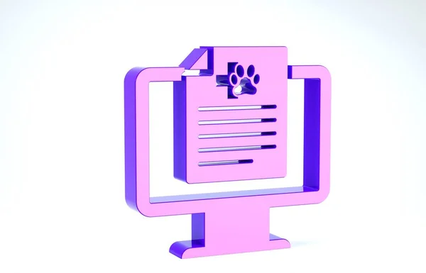 Purple Medical animal de estimação registro clínico no ícone monitor isolado em fundo branco. Formulário de seguro de saúde. Prescrição, relatório de marcas médicas. 3D ilustração 3D render — Fotografia de Stock