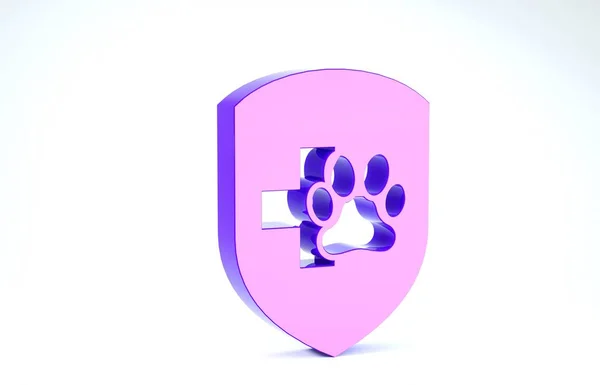 Icono del seguro de salud de Purple Animal aislado sobre fondo blanco. Icono de protección para mascotas. Huella de pata de perro o gato. 3D ilustración 3D render —  Fotos de Stock