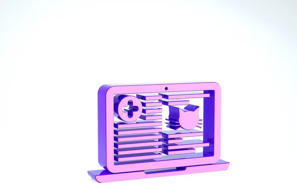 Gato de registro clínico médico roxo no ícone do laptop isolado no fundo branco. Formulário de seguro de saúde. Prescrição, relatório de marcas médicas. 3D ilustração 3D render — Fotografia de Stock