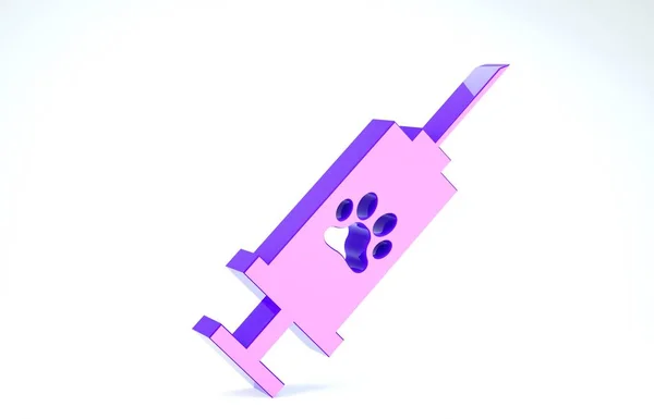 Jeringa púrpura con icono de vacuna para mascotas aislada sobre fondo blanco. Huella de pata de perro o gato. 3D ilustración 3D render — Foto de Stock