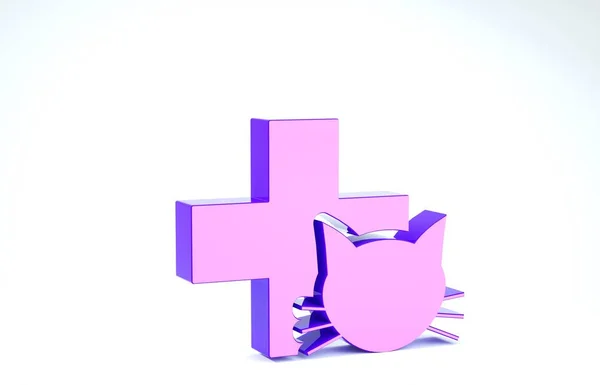Icono símbolo de la clínica veterinaria púrpura aislado sobre fondo blanco. Cruza con la atención veterinaria del gato. Signo de primeros auxilios. 3D ilustración 3D render —  Fotos de Stock