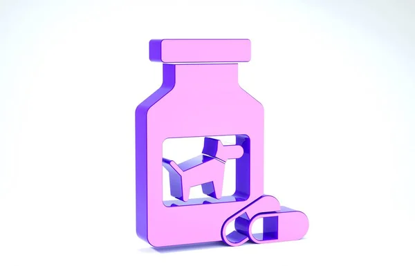 Lila Hundearznei-Flasche und Pillen-Symbol isoliert auf weißem Hintergrund. Behälter mit Pillen. Verschreibungspflichtige Medikamente für Tiere. 3D Illustration 3D Renderer — Stockfoto