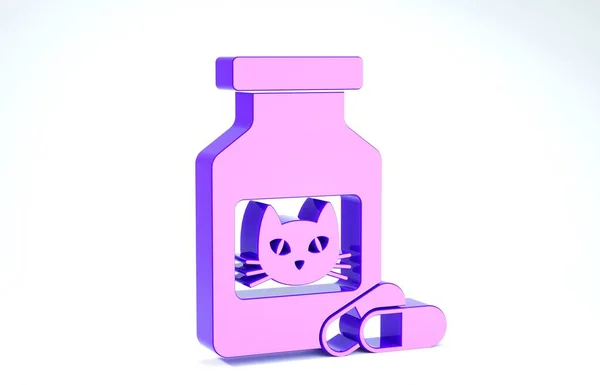 Purple Cat medicijn fles en pillen pictogram geïsoleerd op witte achtergrond. Container met pillen. Voorgeschreven medicijnen voor dieren. 3d illustratie 3d renderen — Stockfoto