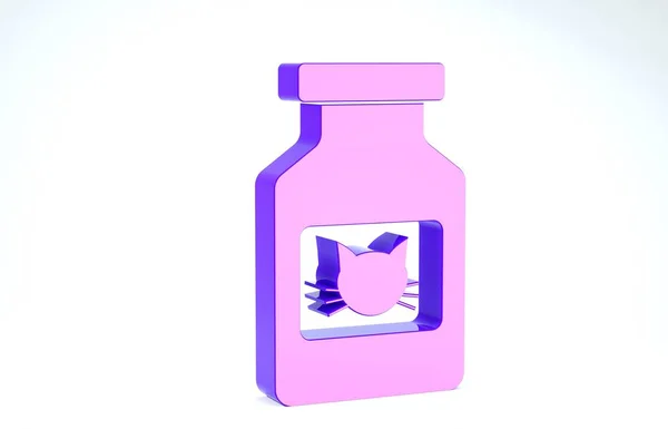 Lila Katze Medizin Flasche Symbol isoliert auf weißem Hintergrund. Behälter mit Pillen. Verschreibungspflichtige Medikamente für Tiere. 3D Illustration 3D Renderer — Stockfoto