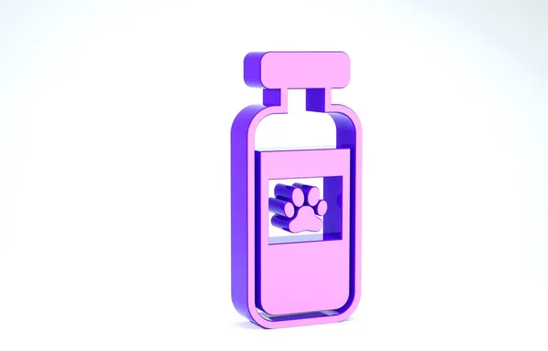 Purple Pets vial icono médico aislado sobre fondo blanco. Medicina de prescripción para animales. 3D ilustración 3D render — Foto de Stock