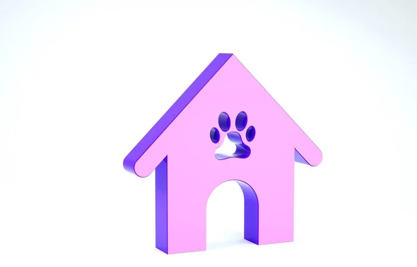 Purple Dog σπίτι και πόδι εκτύπωση κατοικίδιο ζώο εικονίδιο απομονώνονται σε λευκό φόντο. Το σκυλόσπιτο. 3D απεικόνιση 3d καθιστούν — Φωτογραφία Αρχείου
