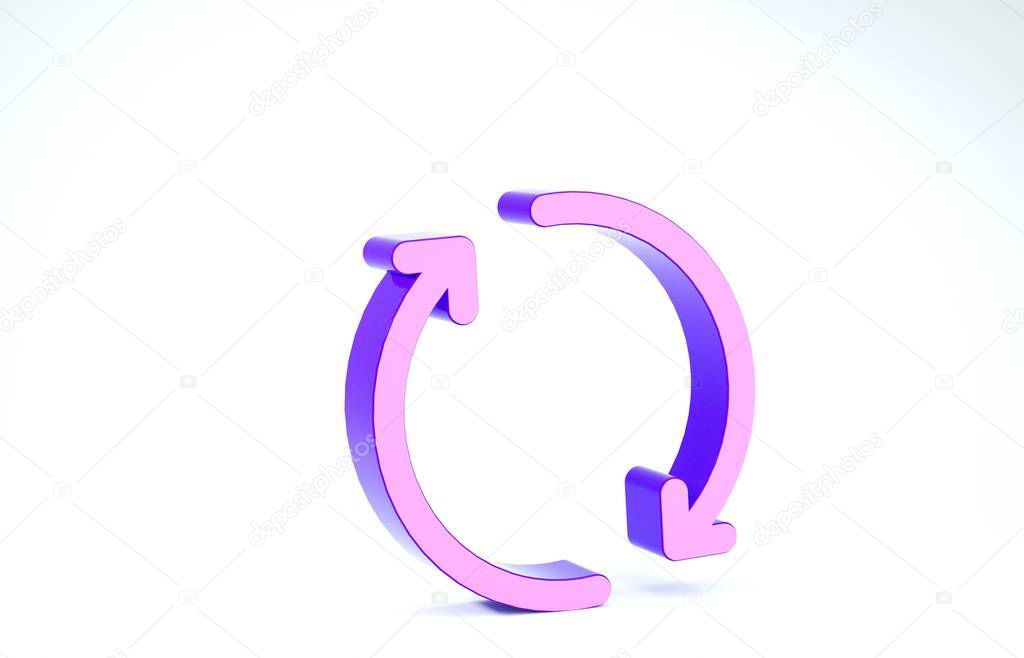 Purple Refresh icon isolated on white background. Reload symbol. Rotation arrows in a circle sign. 3d illustration 3D render