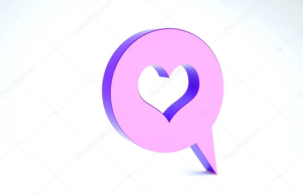Purple Heart in speech bubble icon isolated on white background. Heart shape in message bubble. Love sign. Valentines day symbol. 3d illustration 3D render