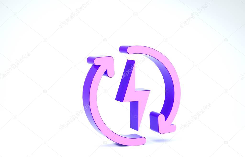 Purple Recharging icon isolated on white background. Electric energy sign. 3d illustration 3D render
