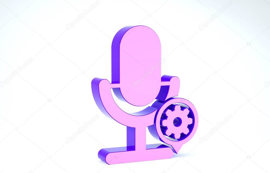 Purple Microphone and gear icon isolated on white background. Adjusting app, service concept, setting options, maintenance, repair, fixing. 3d illustration 3D render