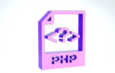 Mor Php dosyası. php düğmesi simgesi beyaz arkaplanda izole edildi. Php dosya sembolü. 3d illüstrasyon 3d canlandırma