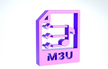 Mor M3u dosya belgesi. Beyaz arkaplanda m3u düğmesi simgesi indir. M3u dosya sembolü. 3d illüstrasyon 3d canlandırma